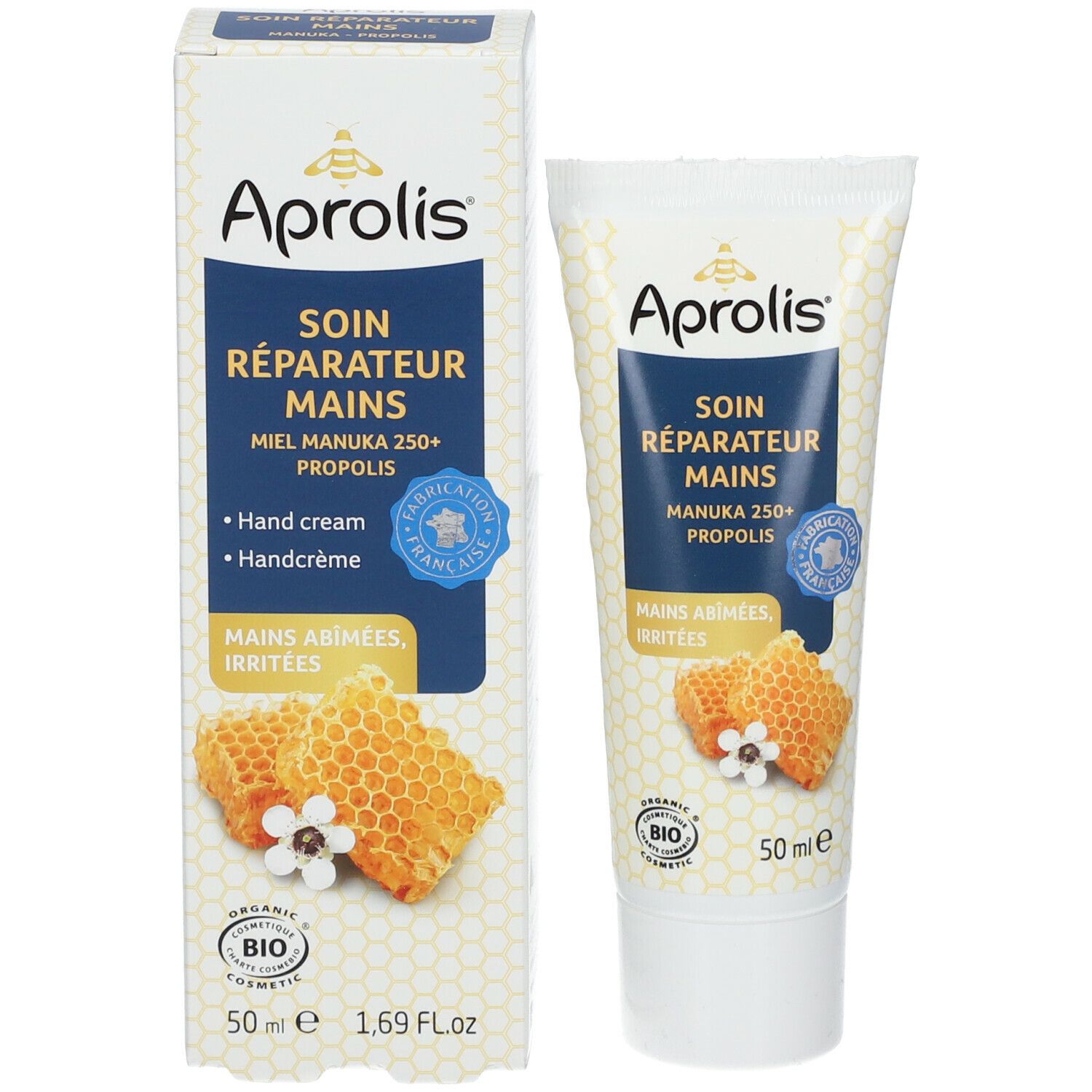 Emballage et tube de crème Aprolis. Soin Réparateur Mains, Manuka 250+ Propolis. 50 ml. Certifié bio.