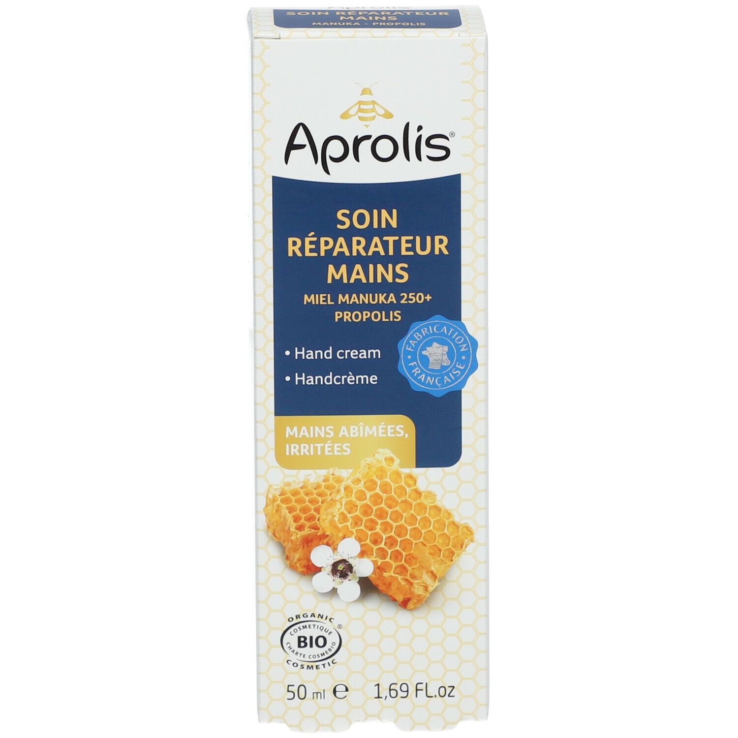 Emballage de crème Aprolis. Soin Réparateur Mains, Manuka 250+ Propolis. 50 ml. Certifié bio.
