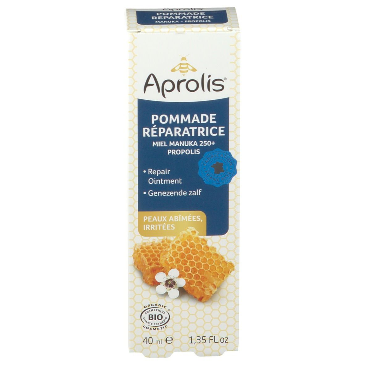 Doos met productinformatie. Opschrift Aprolis, Pommade Réparatrice, honing Manuka 250+ propolis. 40 ml. Bio-logo.