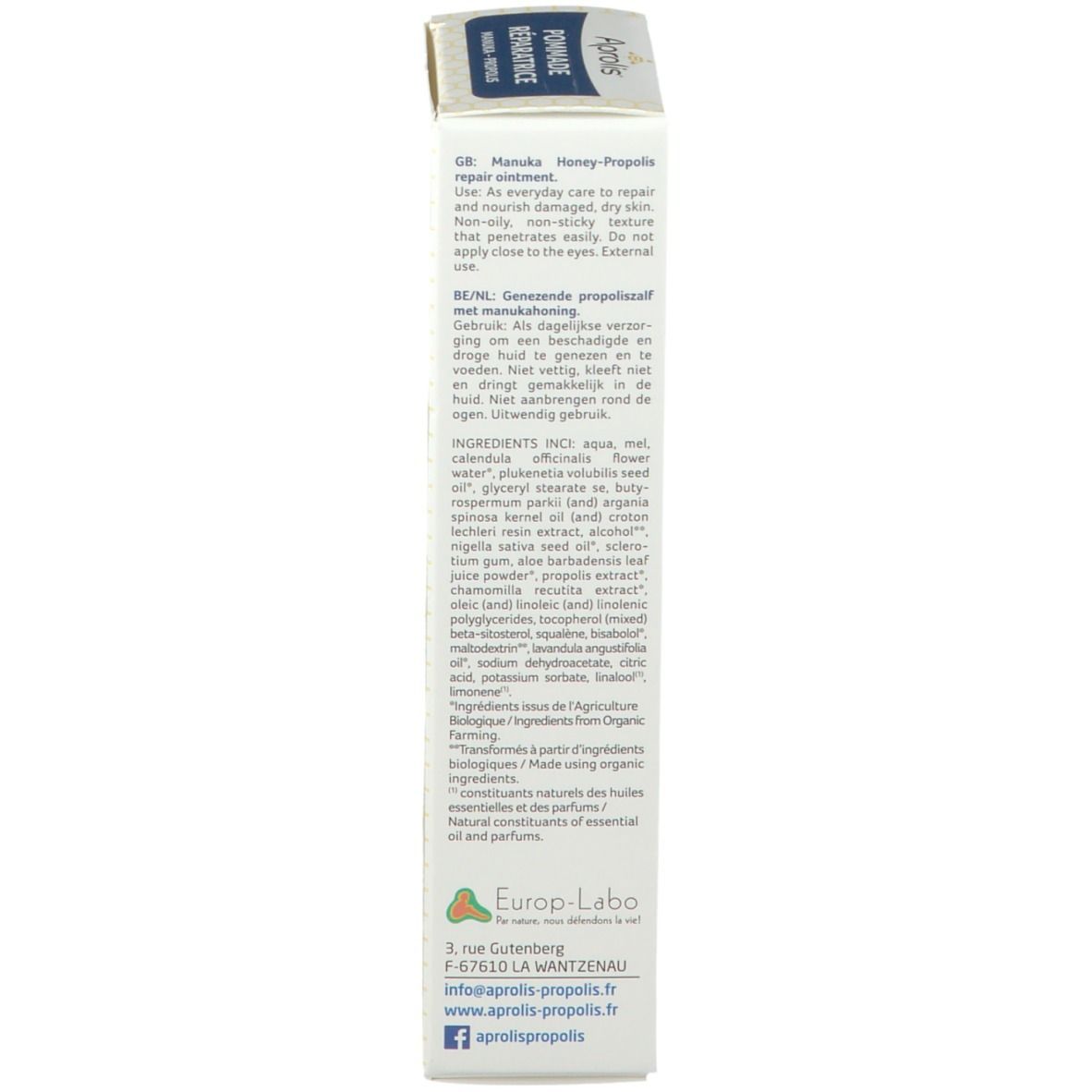 Zijkant van de doos met productinformatie. Ingrediënten, gebruiksaanwijzing, adres fabrikant. Bio-certificering.