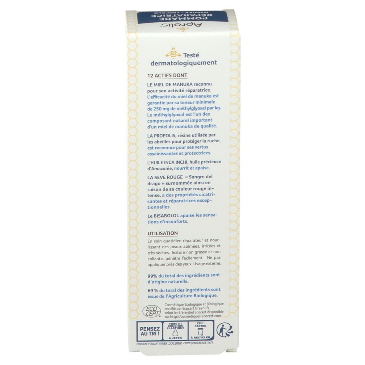 Zijkant van de doos met productinformatie. Beschrijving van ingrediënten, gebruiksaanwijzing, bio-certificering.