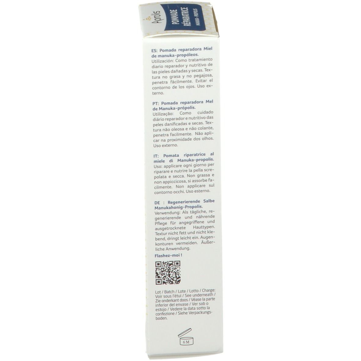 Zijkant van de doos met productinformatie. Meertalige gebruiksaanwijzing. QR-code en adres fabrikant.