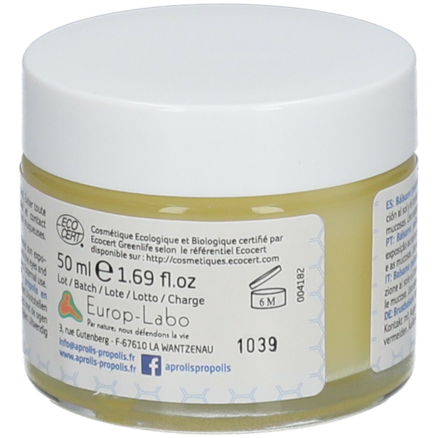 Pot rond avec couvercle blanc. Dos avec texte, ingrédients et logo ECOCERT. 50 ml.