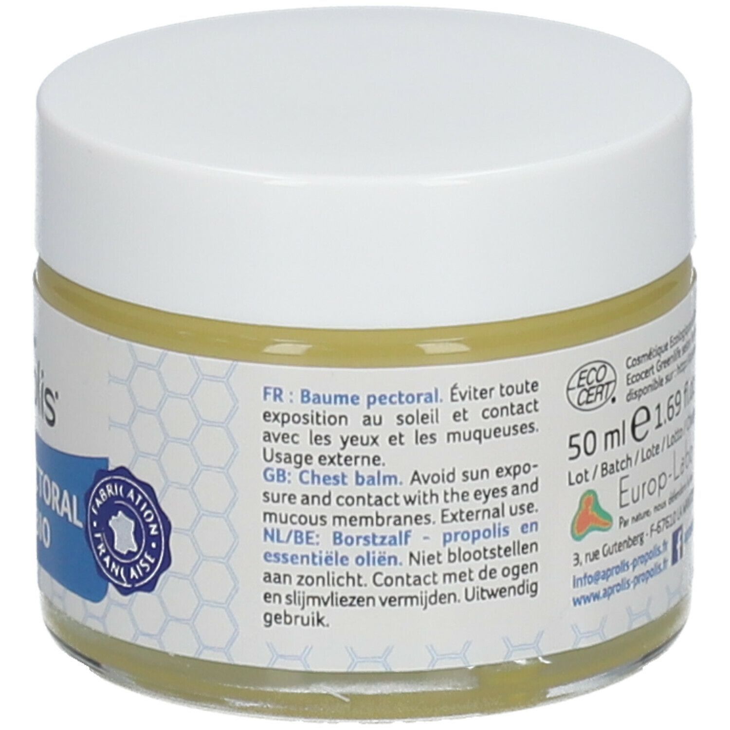 Pot rond avec couvercle blanc. Dos avec texte multilingue, ingrédients et logo ECOCERT. 50 ml.