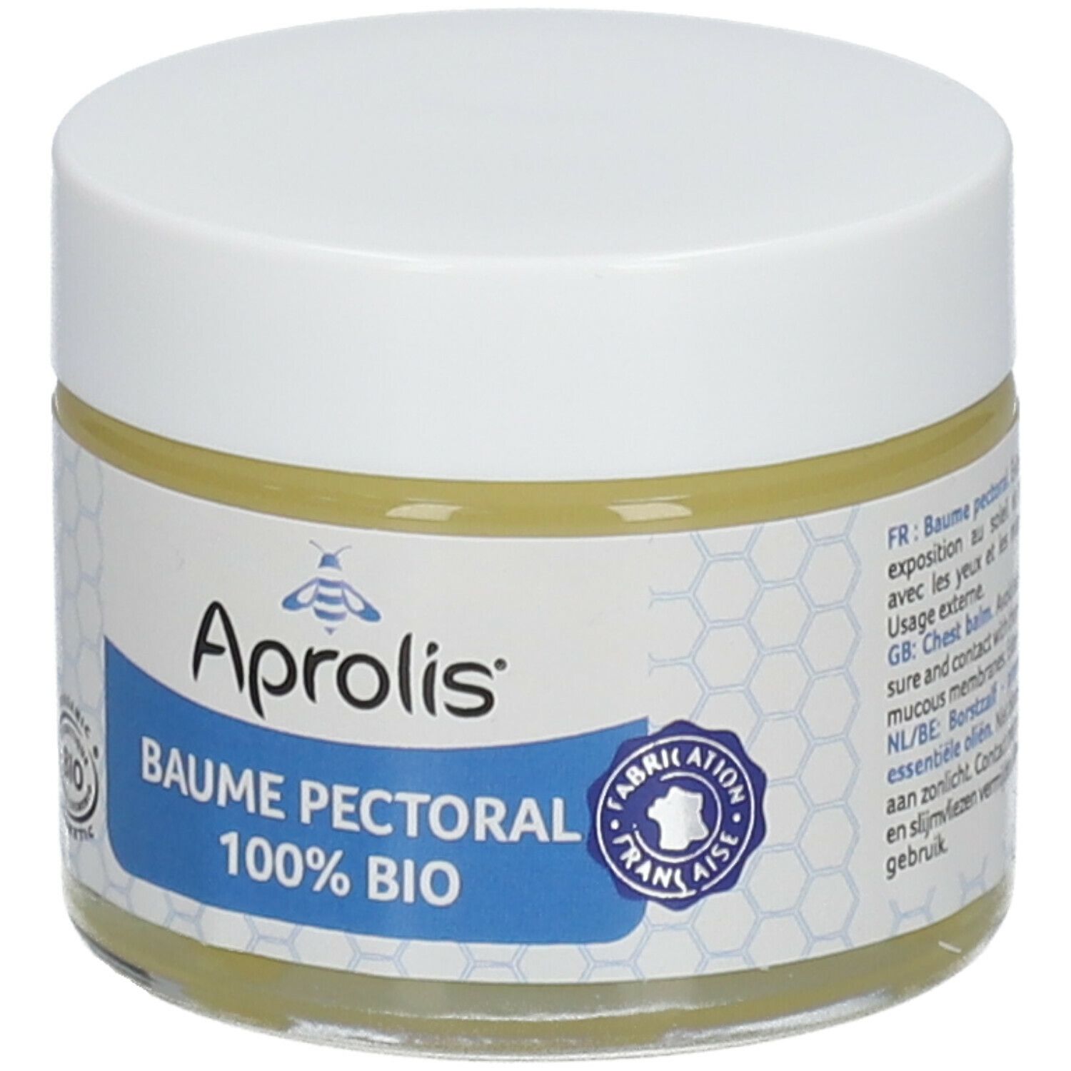 Pot rond avec couvercle blanc. Étiquette avec nom du produit, logo et label bio. Crème jaunâtre visible.