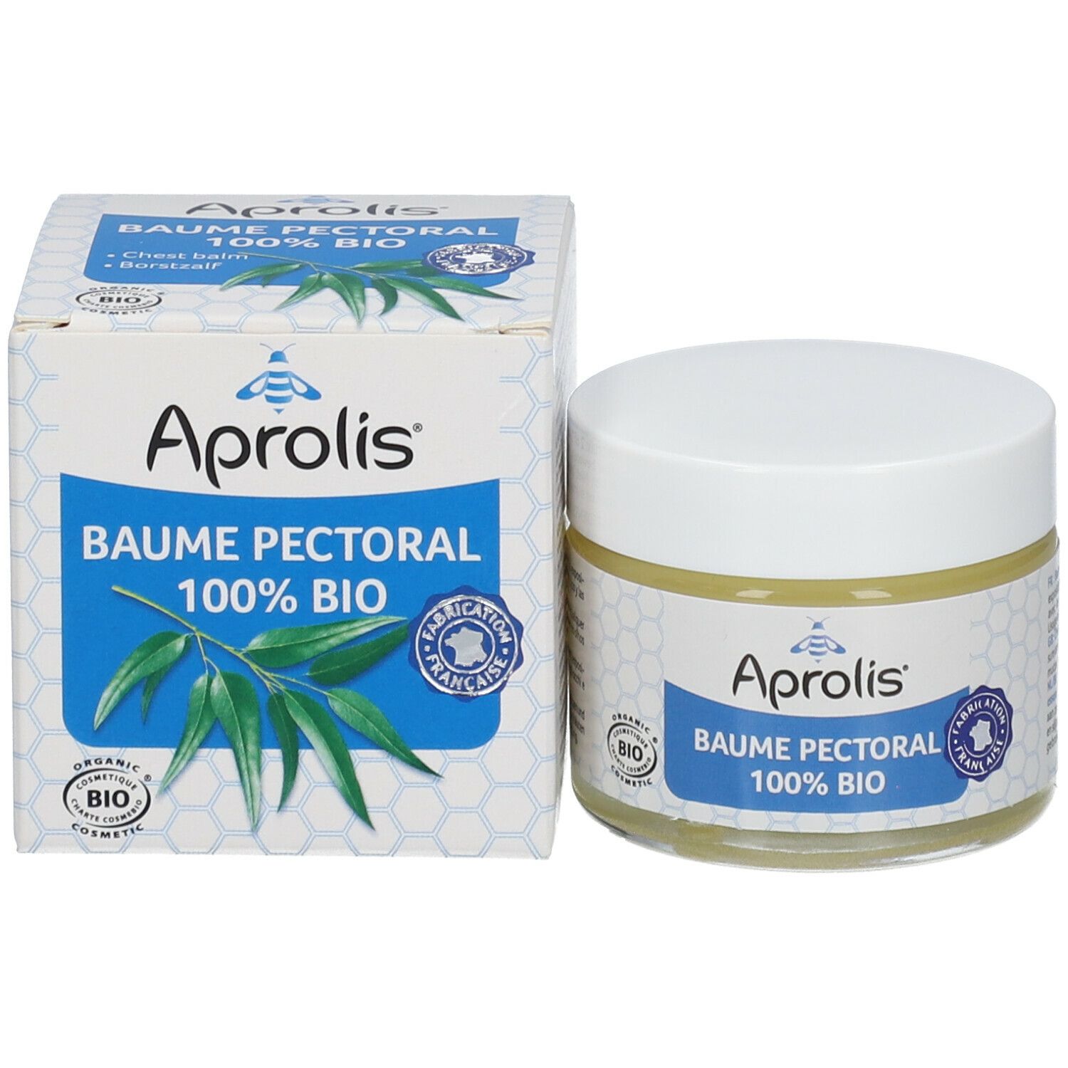 Emballage produit avec pot et boîte. Pot avec couvercle blanc, boîte avec nom, logo et label bio.