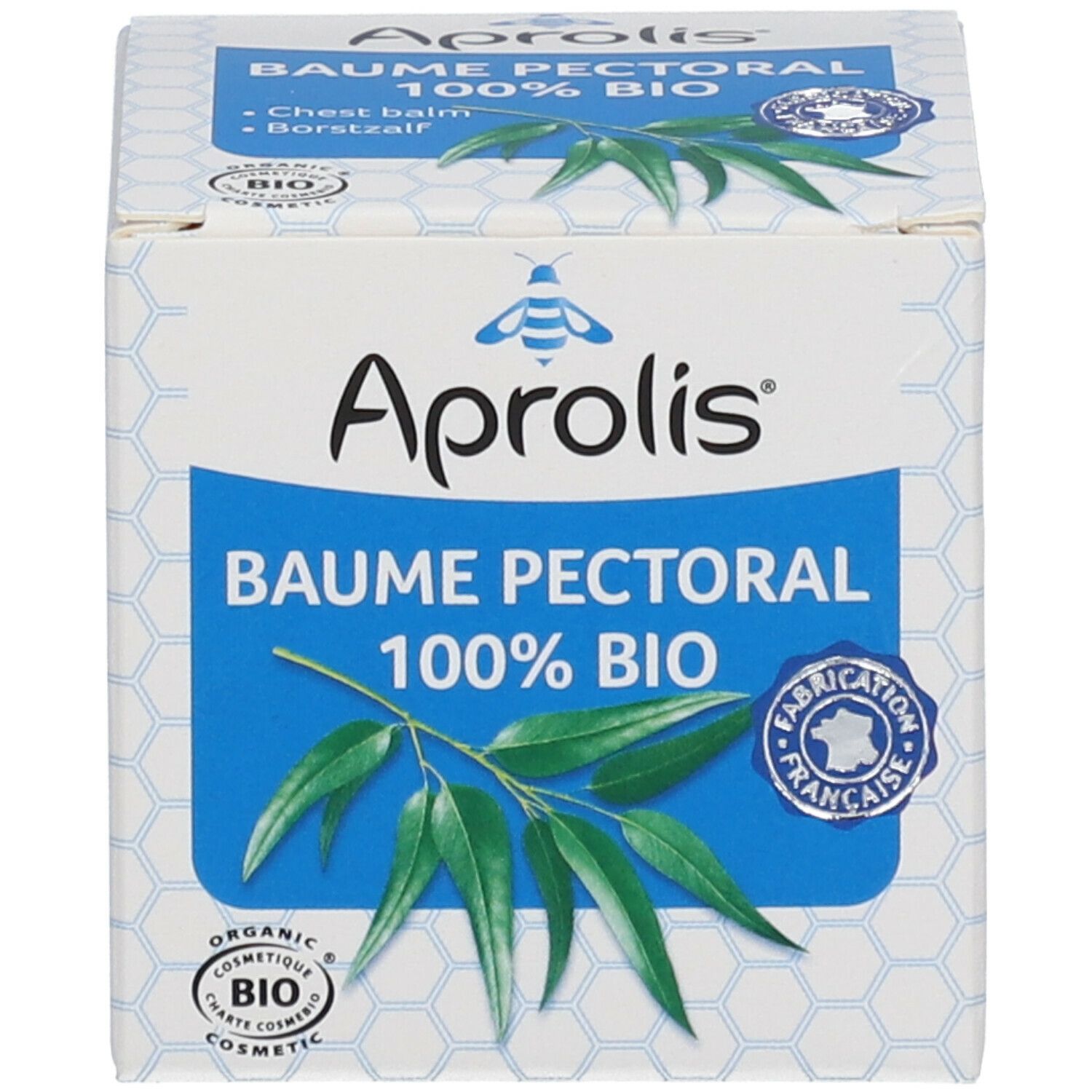 Emballage carton avec nom du produit, logo et label bio. Illustration de feuilles et de nid d'abeilles.