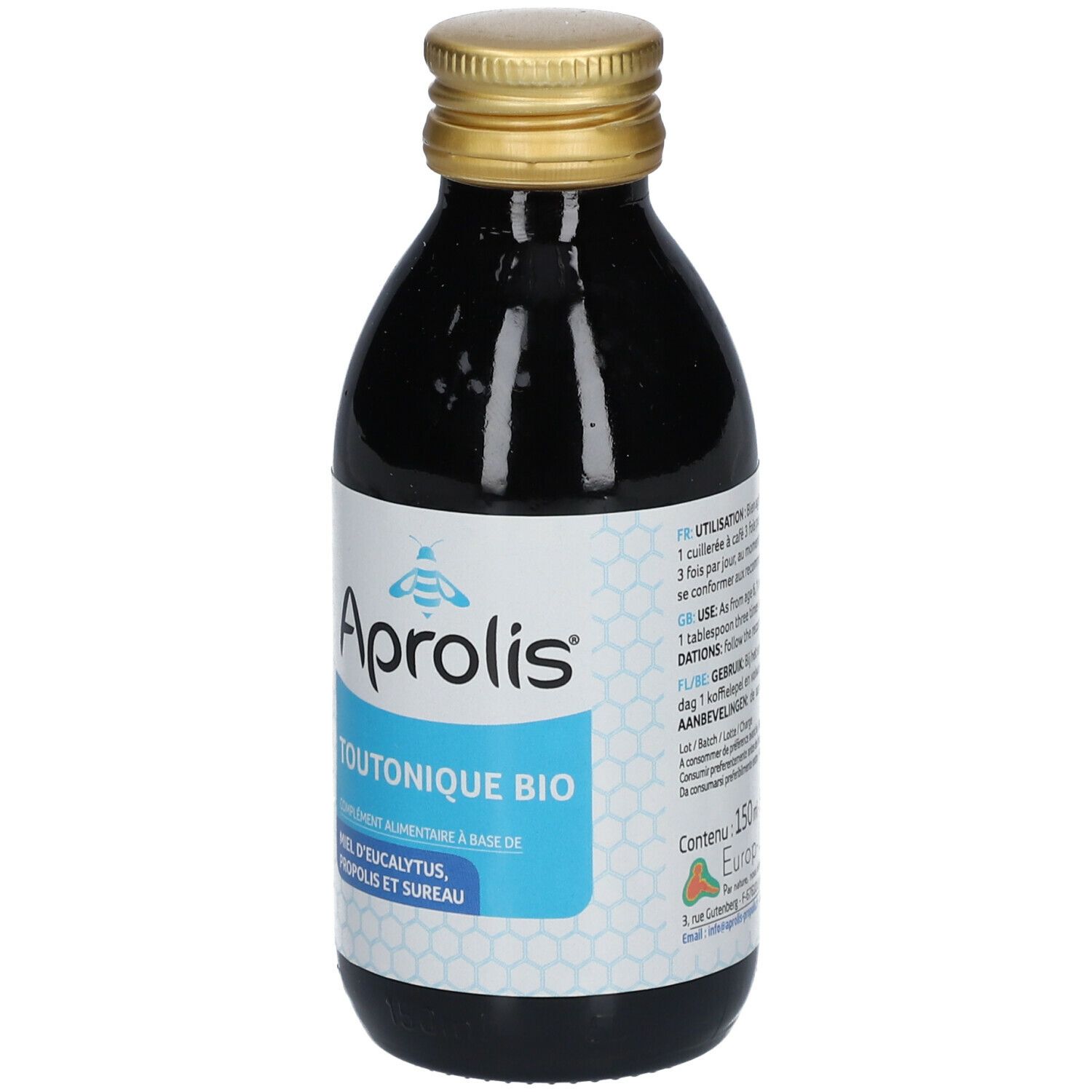 Flacon brun, bouchon doré. Étiquette "Aprolis TOUTONIQUE BIO" et ingrédients.