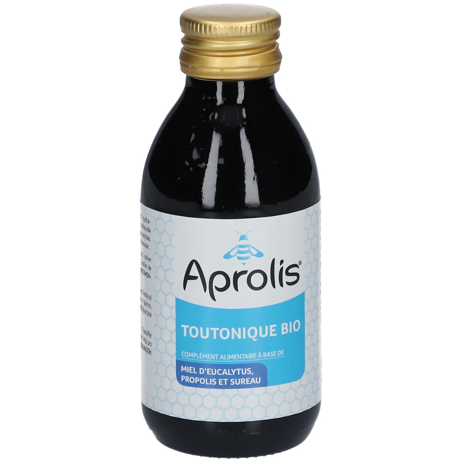 Flacon brun, bouchon doré. Étiquette "Aprolis TOUTONIQUE BIO".