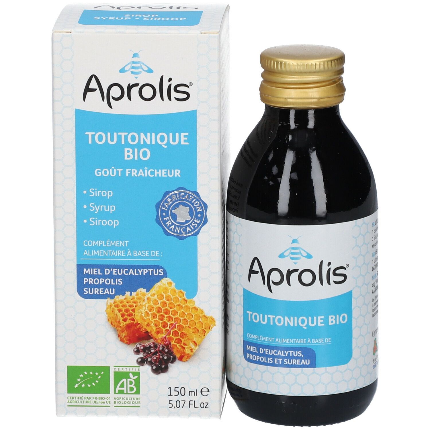 Emballage produit : flacon et boîte. Sur la boîte : "Aprolis TOUTONIQUE BIO".