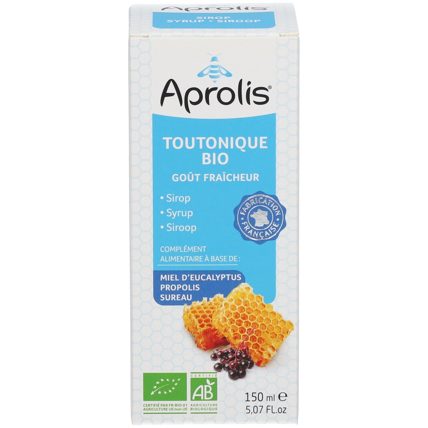 Emballage produit : boîte avec "Aprolis TOUTONIQUE BIO". Illustration de rayons de miel et baies.