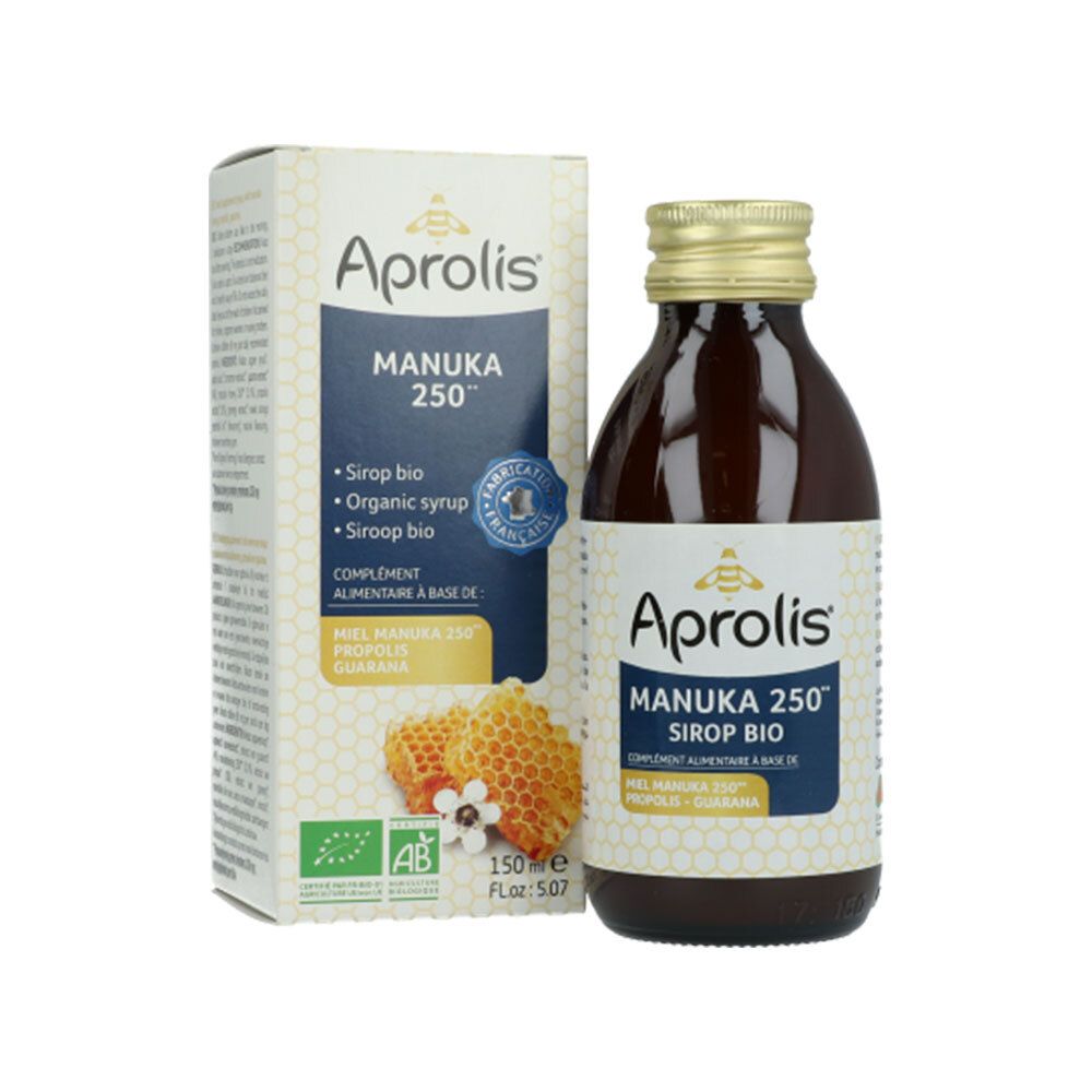 Bruine glazen fles met gouden dop. Etiket met productnaam en logo. Kartonnen verpakking ernaast.