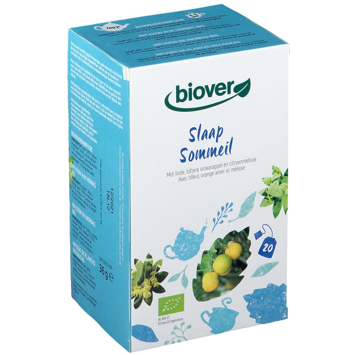 Boîte en carton avec logo "biover" et inscription "Slaap Sommeil". Contient 20 sachets de thé. Illustrations de plantes et de fruits.
