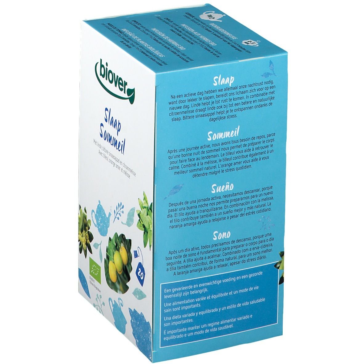 Boîte en carton avec texte multilingue. Contient des informations sur le produit. Avec illustrations de plantes et de fruits.