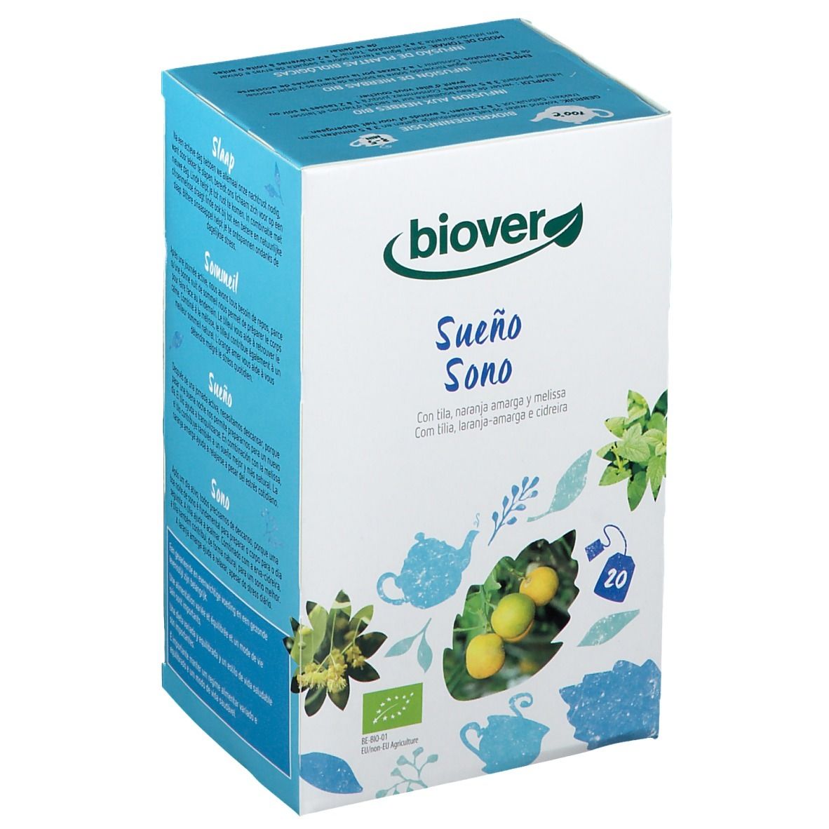 Boîte en carton avec logo "biover" et inscription "Sueño Sono". Contient 20 sachets de thé. Illustrations de plantes et de fruits.