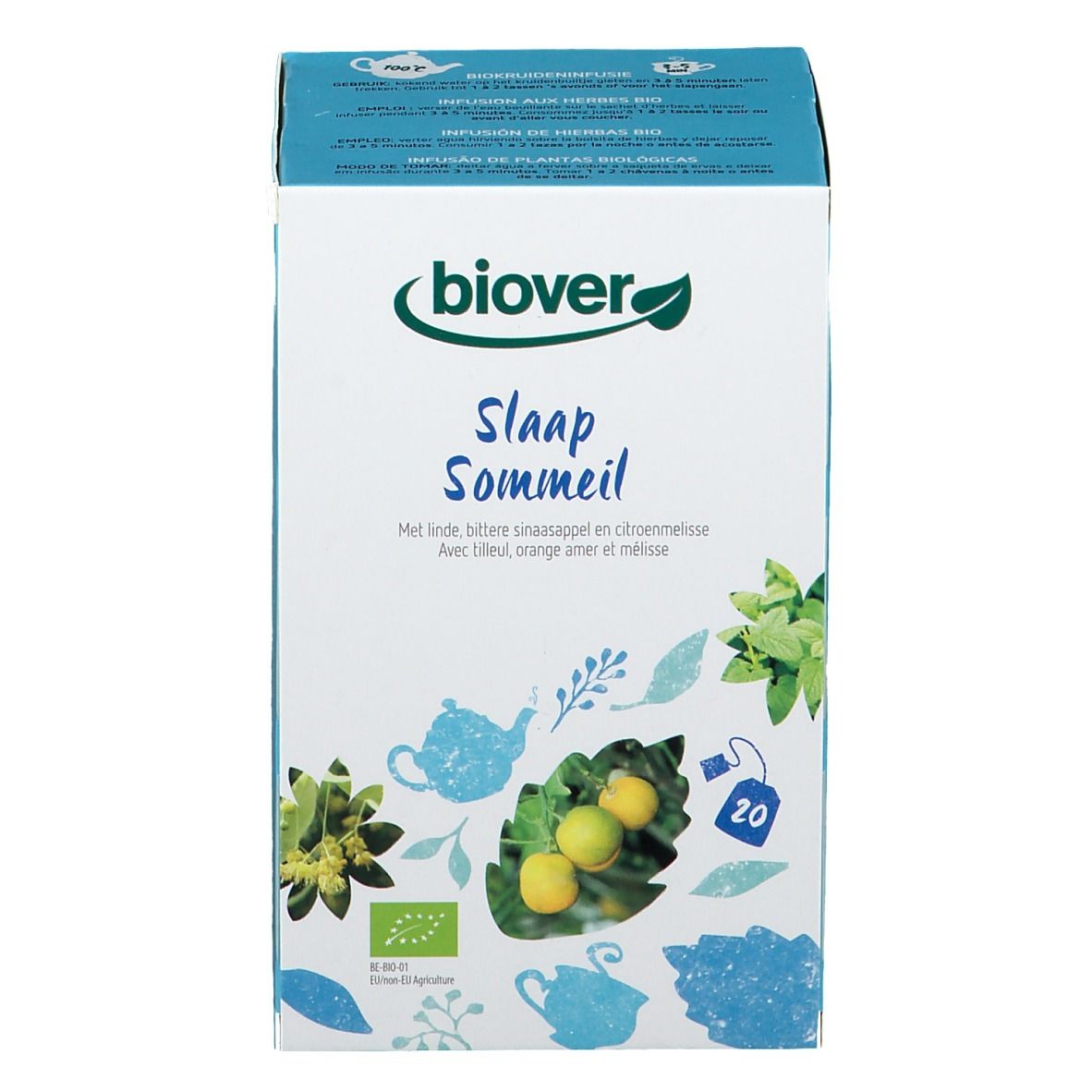 Boîte en carton avec logo "biover" et inscription "Slaap Sommeil". Contient 20 sachets de thé. Illustrations de plantes et de fruits.