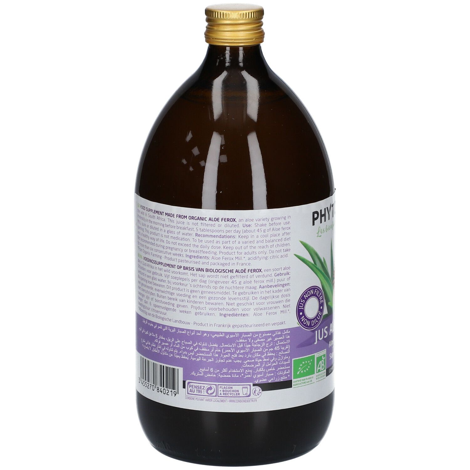 Dos de la bouteille en verre brun. Étiquette avec texte multilingue. Code-barres et certifications visibles.