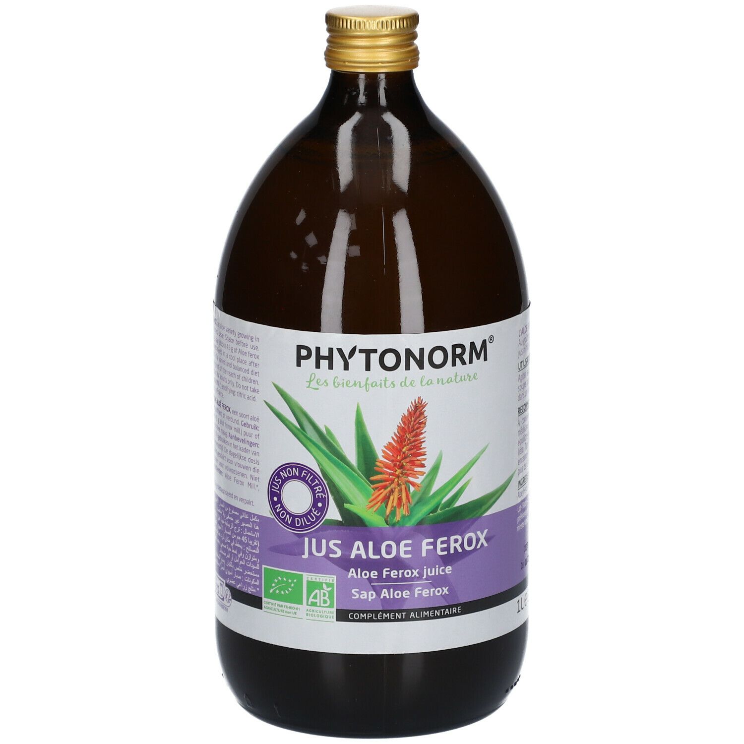 Bouteille en verre brun avec bouchon doré. Étiquette avec nom du produit et illustration d'aloe vera. Texte : Jus Aloe Ferox.