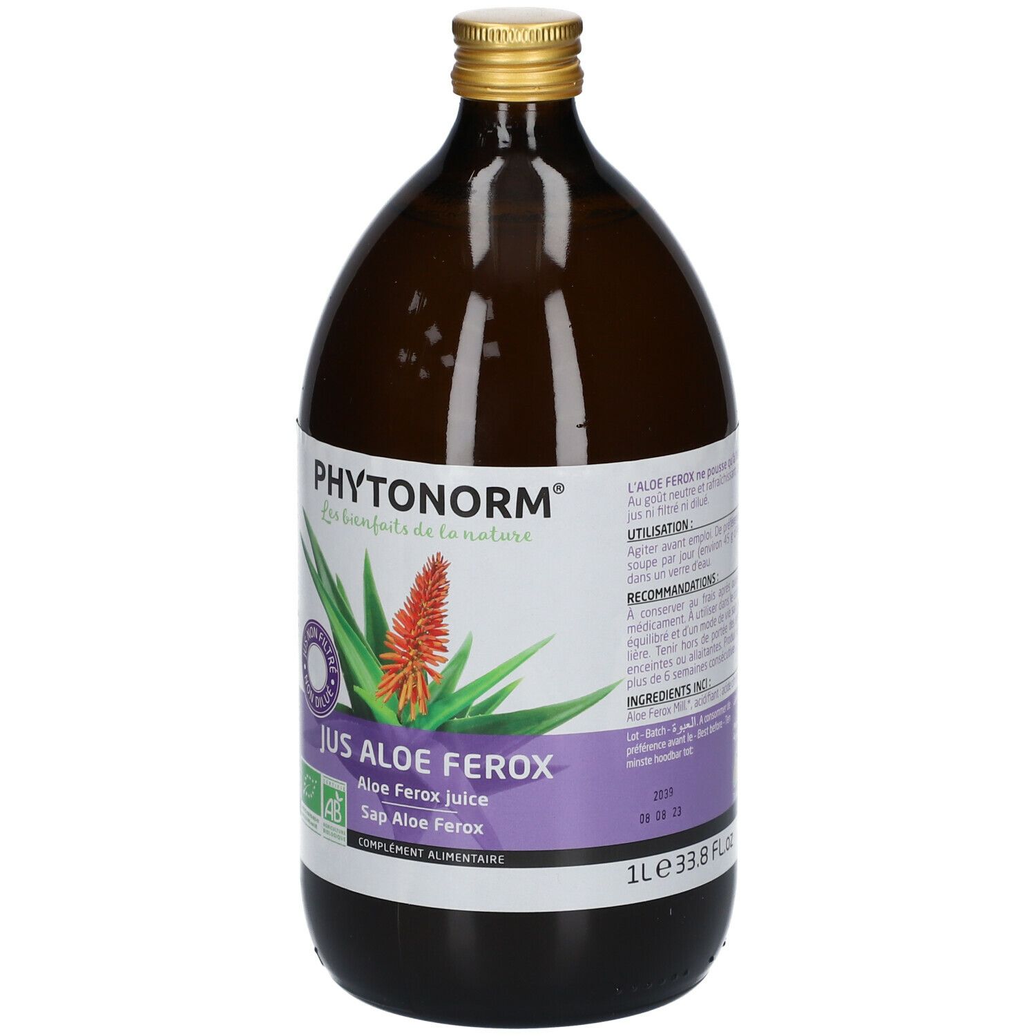 Bouteille en verre brun avec bouchon doré. Étiquette avec nom du produit et illustration d'aloe vera. Texte : Jus Aloe Ferox. Volume : 1L.