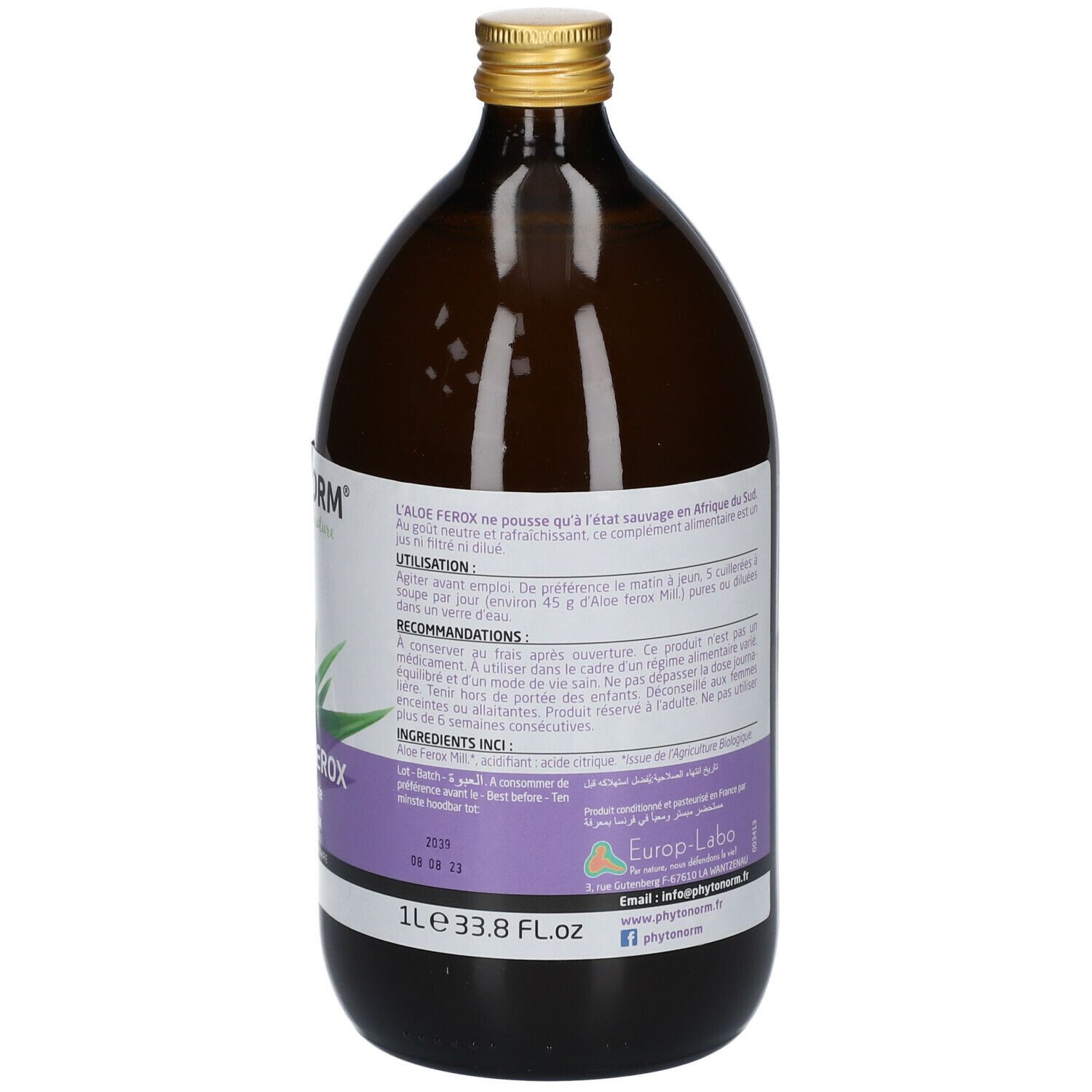 Dos de la bouteille en verre brun. Étiquette avec texte multilingue. Volume : 1L. Texte : 33.8 fl.oz.