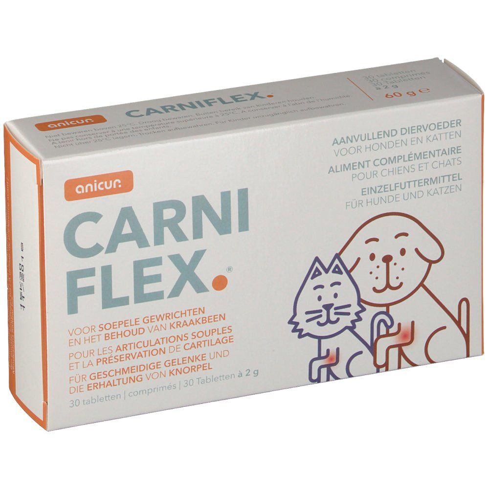 Karton CARNIFLEX® mit Logo, Text und Illustrationen von Hund und Katze. Enthält 30 Tabletten.