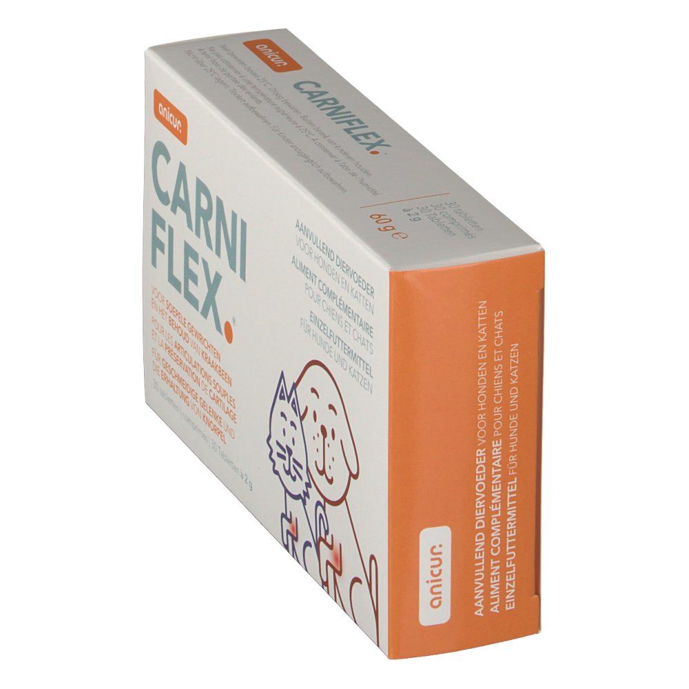 Schrägansicht der CARNIFLEX®-Verpackung. Logo, Text und Illustrationen von Hund und Katze sind sichtbar.