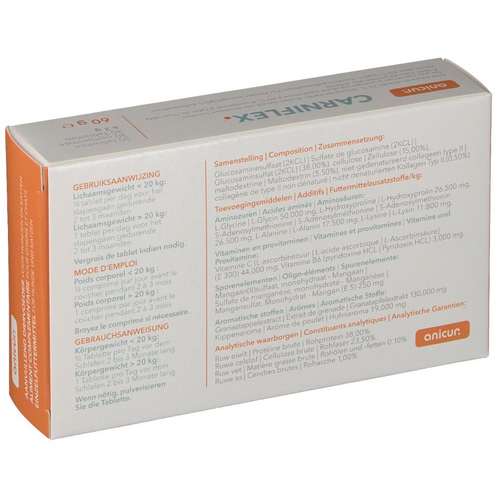 Rückseite der CARNIFLEX®-Verpackung mit Text. Enthält Informationen zu Inhaltsstoffen und Anwendung.