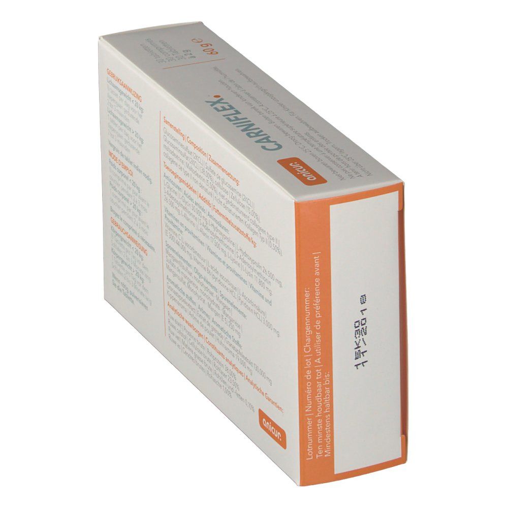 Schrägansicht der Rückseite der CARNIFLEX®-Verpackung. Text und Chargennummer sind sichtbar.