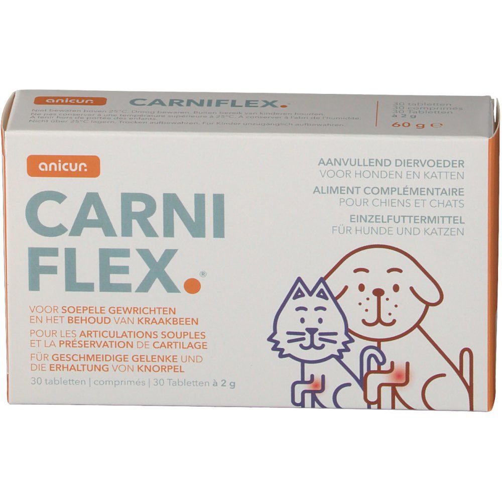 CARNIFLEX®-Verpackung mit Logo, Text und Illustrationen von Hund und Katze. Enthält 30 Tabletten.
