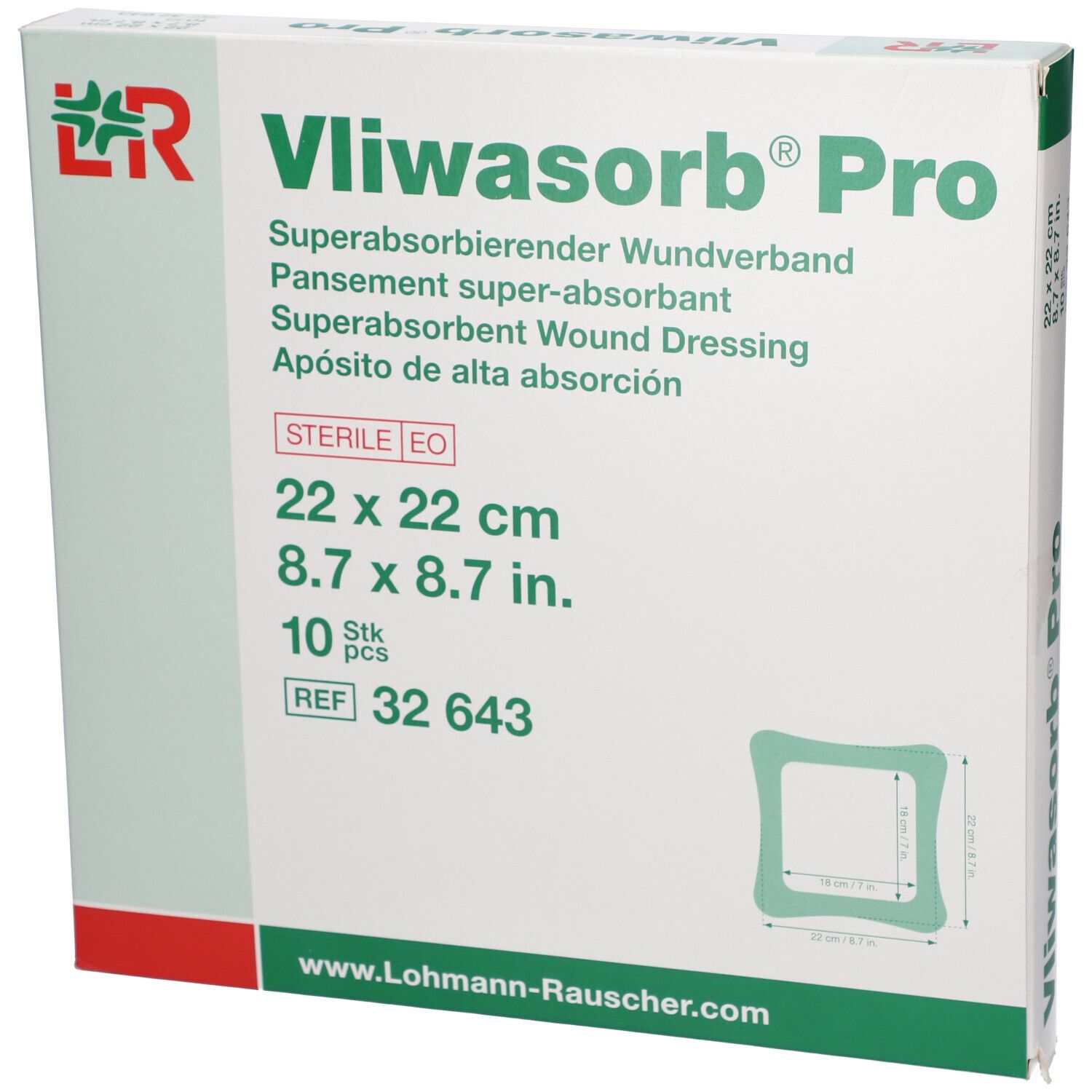 Emballage de pansement Vliwasorb Pro. Dimensions : 22 x 22 cm. 10 pièces. Stérile.