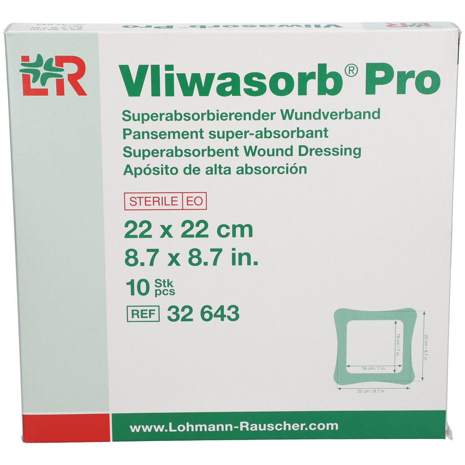 Emballage Vliwasorb Pro. Dimensions : 22 x 22 cm. 10 pièces. Stérile.
