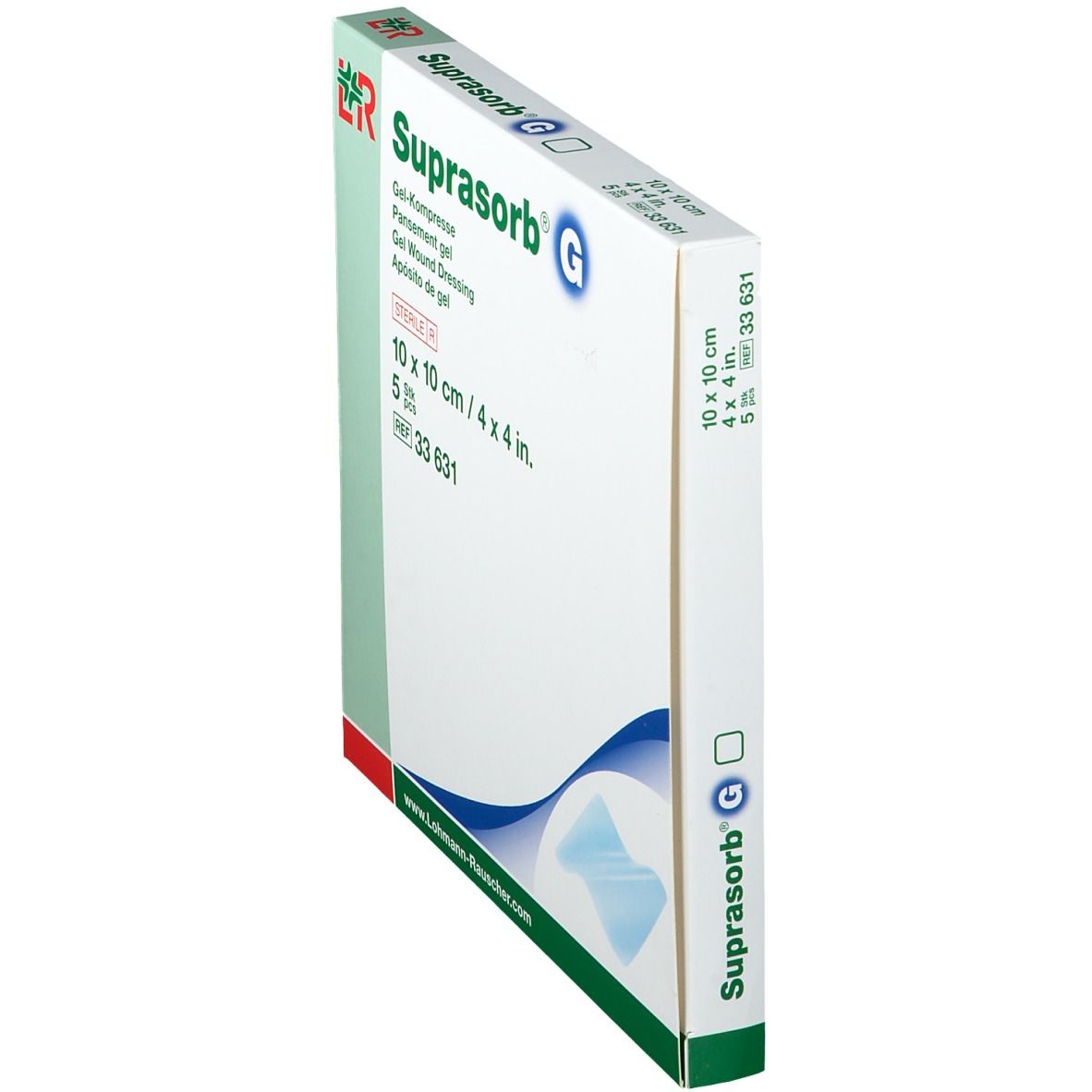 Schuine weergave van de Suprasorb G verpakking. Productnaam, afmeting 10 x 10 cm en steriel.