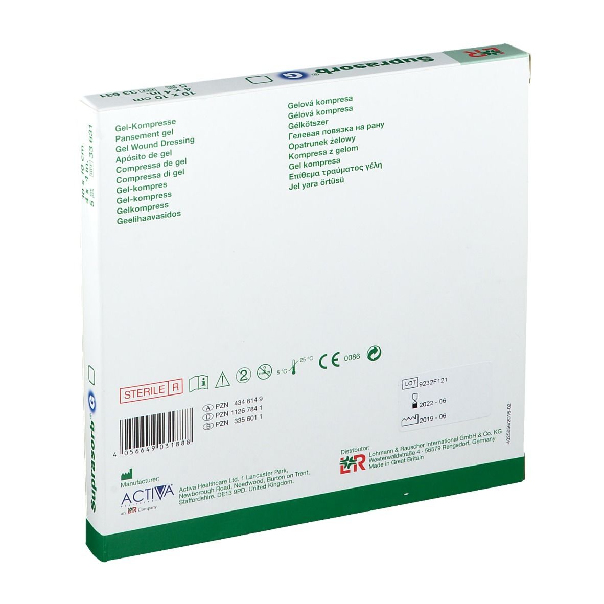 Achterkant van de Suprasorb G verpakking. Productinformatie, lotnummer, fabrikantgegevens en logo's.