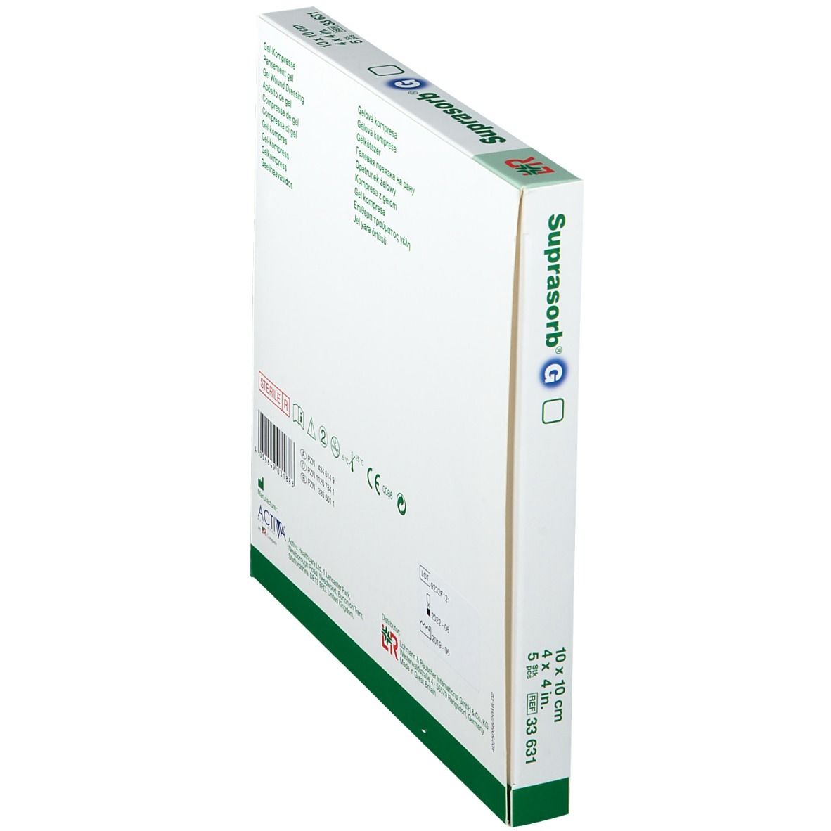 Schuine weergave van de achterkant van de Suprasorb G verpakking. Productinformatie en logo's.