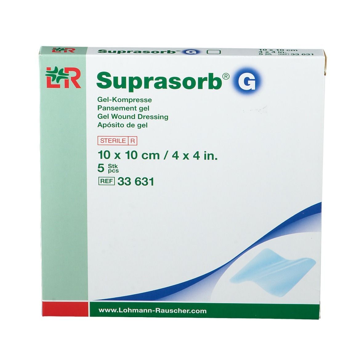 Vooraanzicht van de Suprasorb G verpakking. Productnaam, afmeting 10 x 10 cm en steriel.