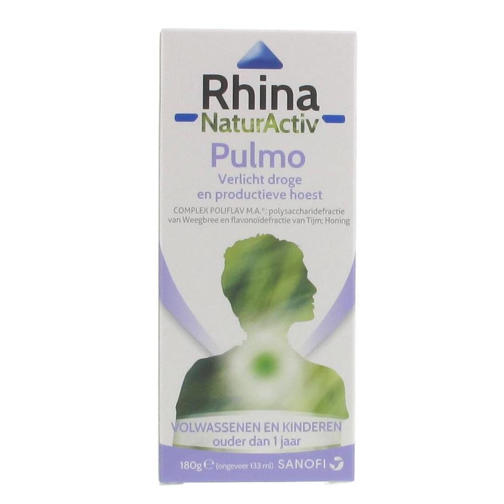 Verpakking van Rhina NaturActiv Pulmo. Wit, met productnaam, silhouet en tekst. Bevat 180g.