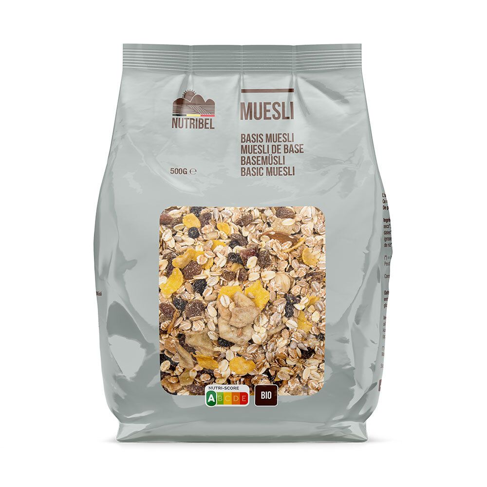 Paquet de Müslibasis Nutribel. Muesli visible avec des fruits. Inscriptions: Nutribel, Muesli, label Bio, indicateur nutritionnel.