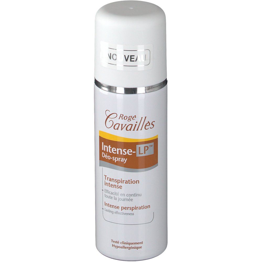 Deodorantspray met witte dop en zilveren rand. Opschrift: Rogé Cavaillès, Intense-LP, Déo-spray. Label "Nouveau".