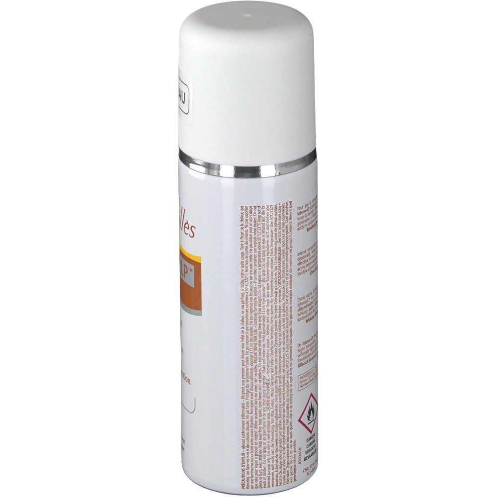 Deodorantspray, wit met zilveren rand. Tekst op de zijkant. Opschrift: Rogé Cavaillès.