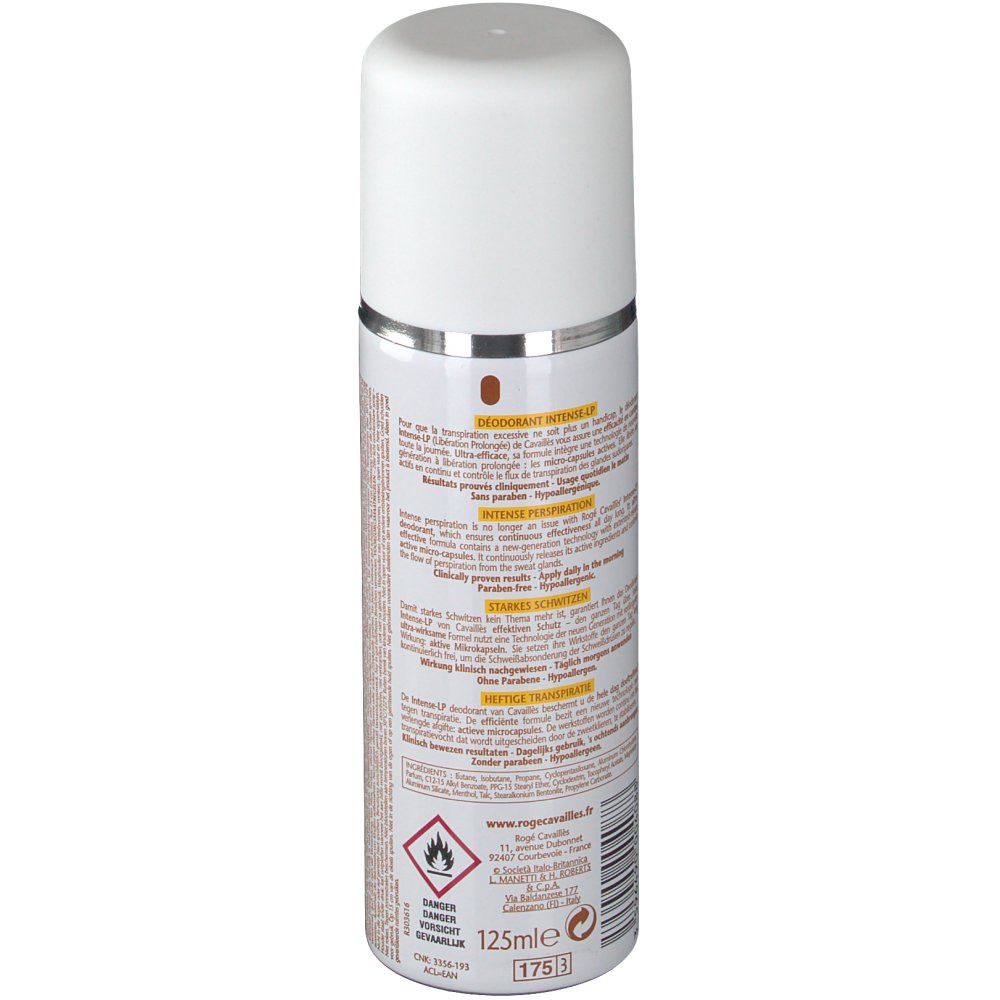 Deodorantspray, wit met zilveren rand. Tekst op de zijkant. Opschrift: Rogé Cavaillès. Volume: 125ml.