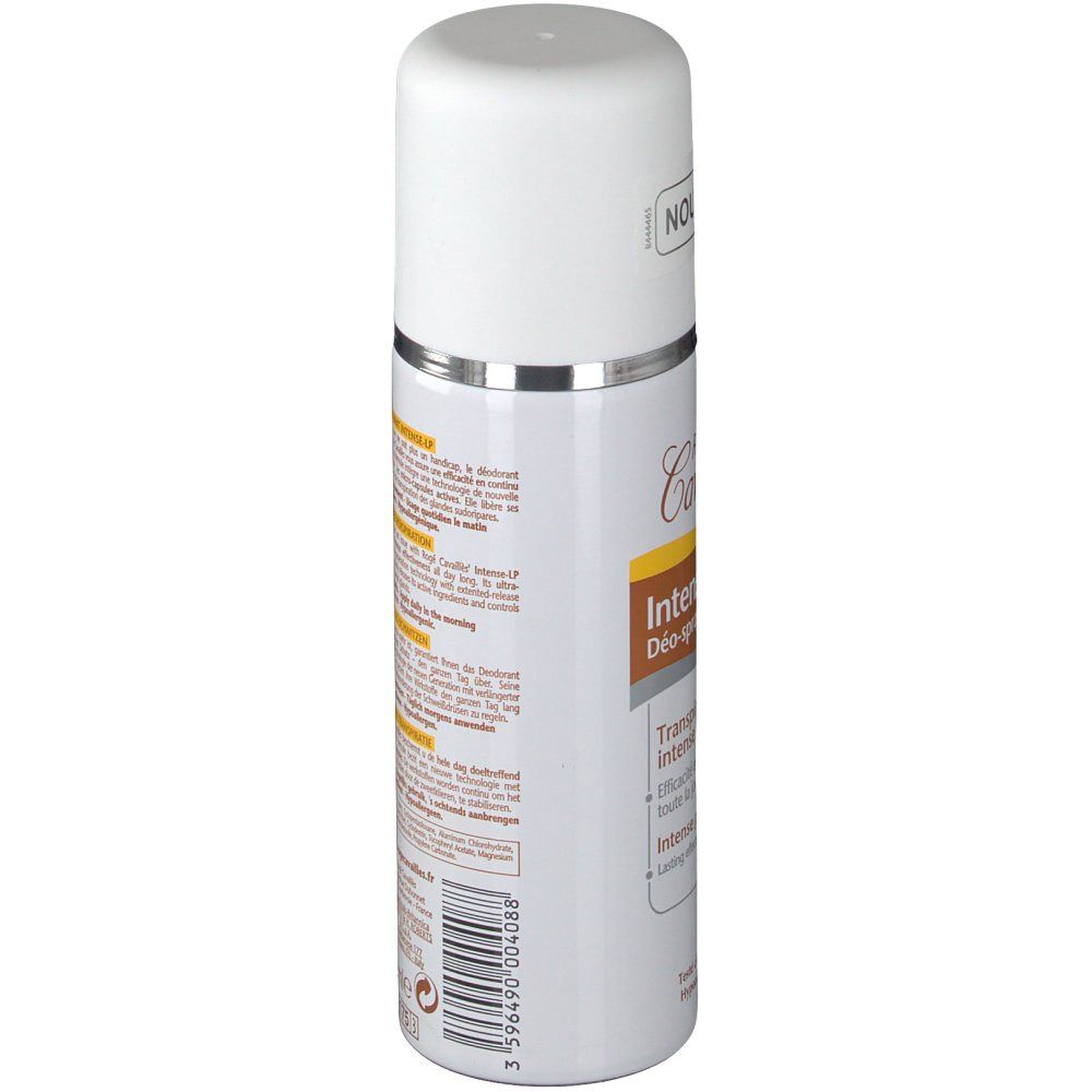 Deodorantspray, wit met zilveren rand. Tekst op de zijkant. Opschrift: Rogé Cavaillès, Intense-LP, Déo-spray.