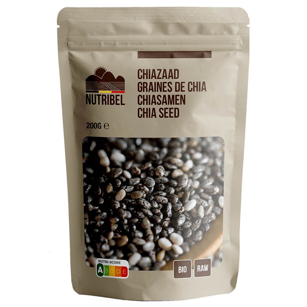 Sachet de graines de chia. Fenêtre transparente montrant les graines. Marque Nutribel, inscription Chiazaad, Graines de Chia, Chiasamen, Chia Seed.