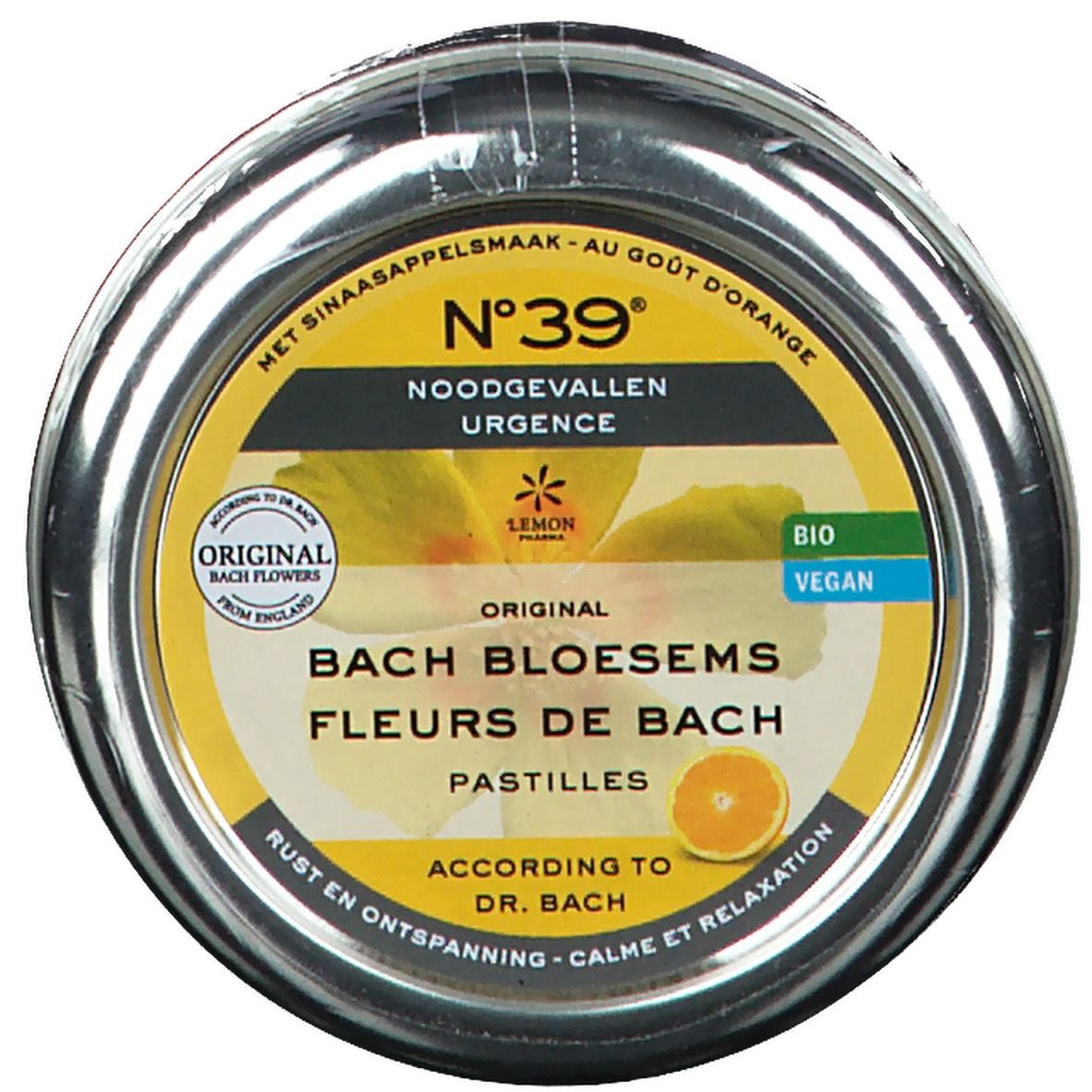 Boîte ronde avec étiquette jaune. Texte : "N°39", "Bach Bloesems Pastilles". Orange et fleurs représentées. Bio et Vegan.