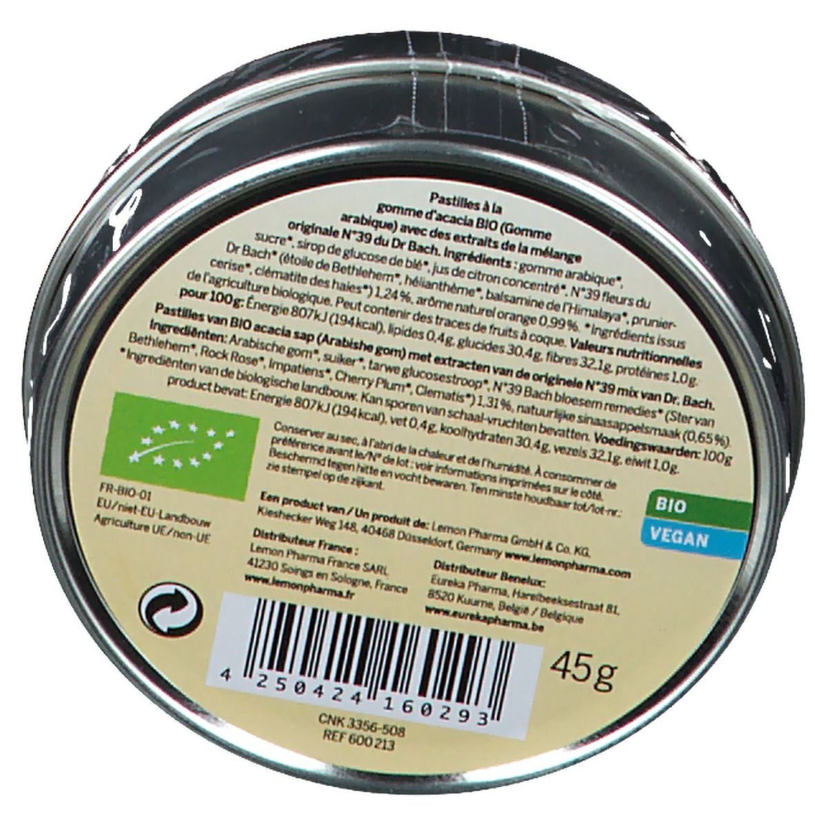 Dos de la boîte. Texte : ingrédients, informations nutritionnelles, fabricant. Label Bio et logo Vegan. Poids : 45g.