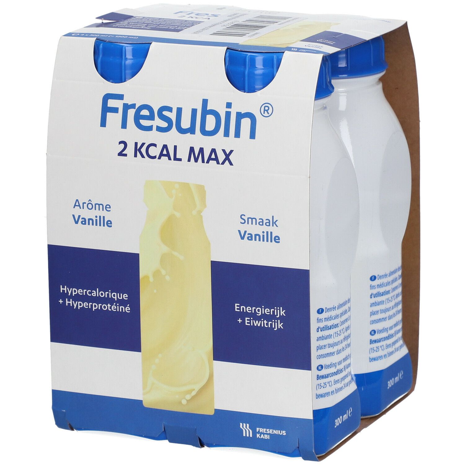 Emballage de quatre bouteilles Fresubin 2 Kcal Max Vanille. Inscriptions : Arôme Vanille, Hypercalorique + Hyperprotéiné, Smaak Vanille, Energierijk + Eiwitrijk.