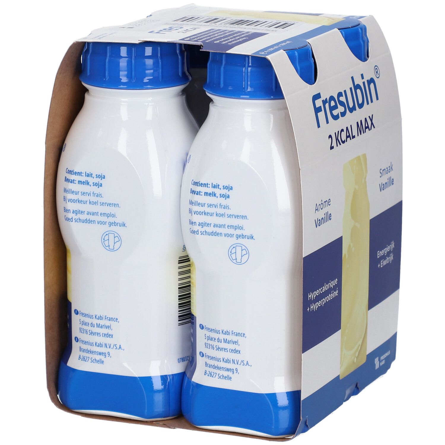 Emballage de quatre bouteilles Fresubin 2 Kcal Max Vanille. Dos avec ingrédients et informations du fabricant. Bouteilles avec bouchons bleus.