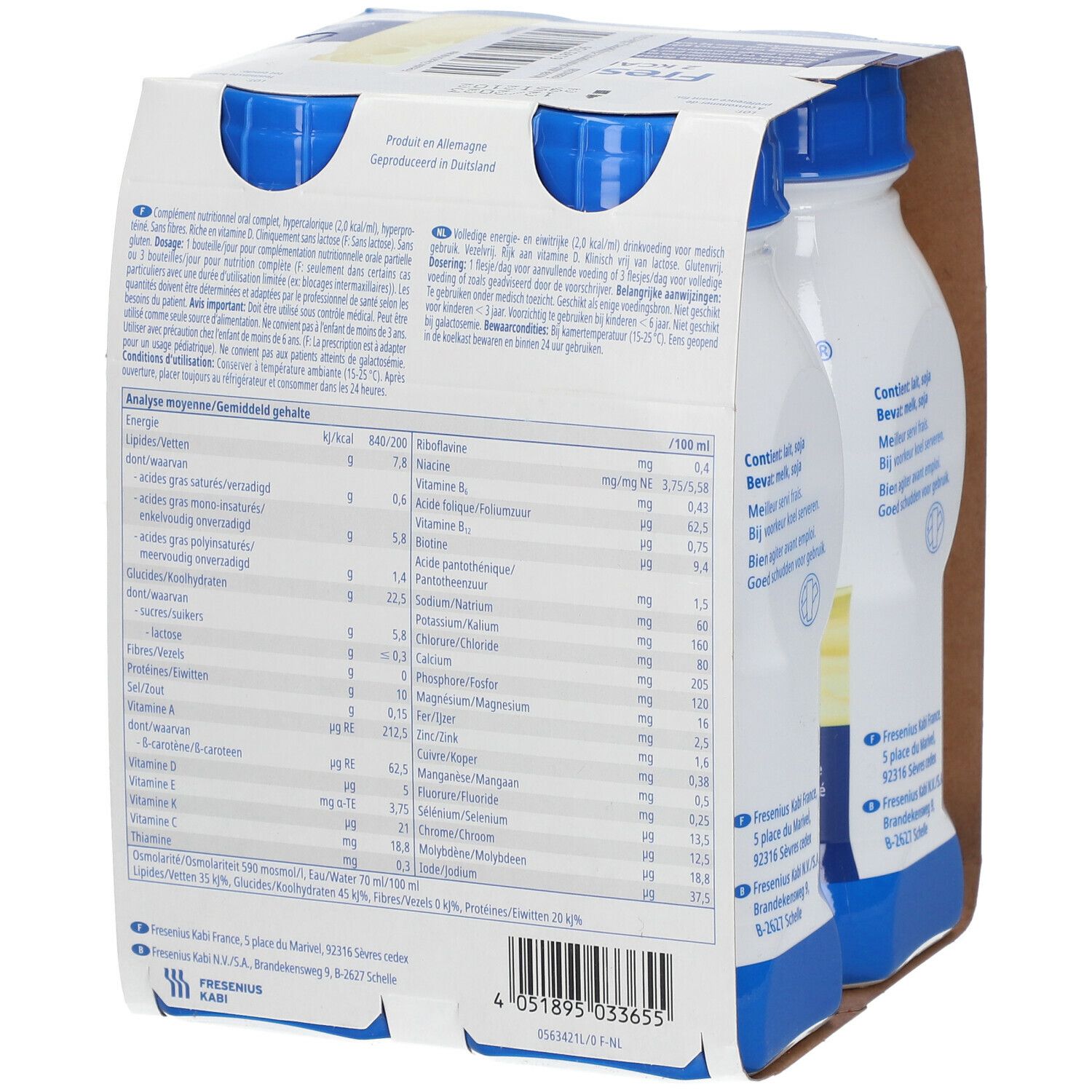 Dos d'un emballage Fresubin 2 Kcal Max Vanille avec informations nutritionnelles. Contient des informations pour 100 ml. Bouteilles avec bouchons bleus.