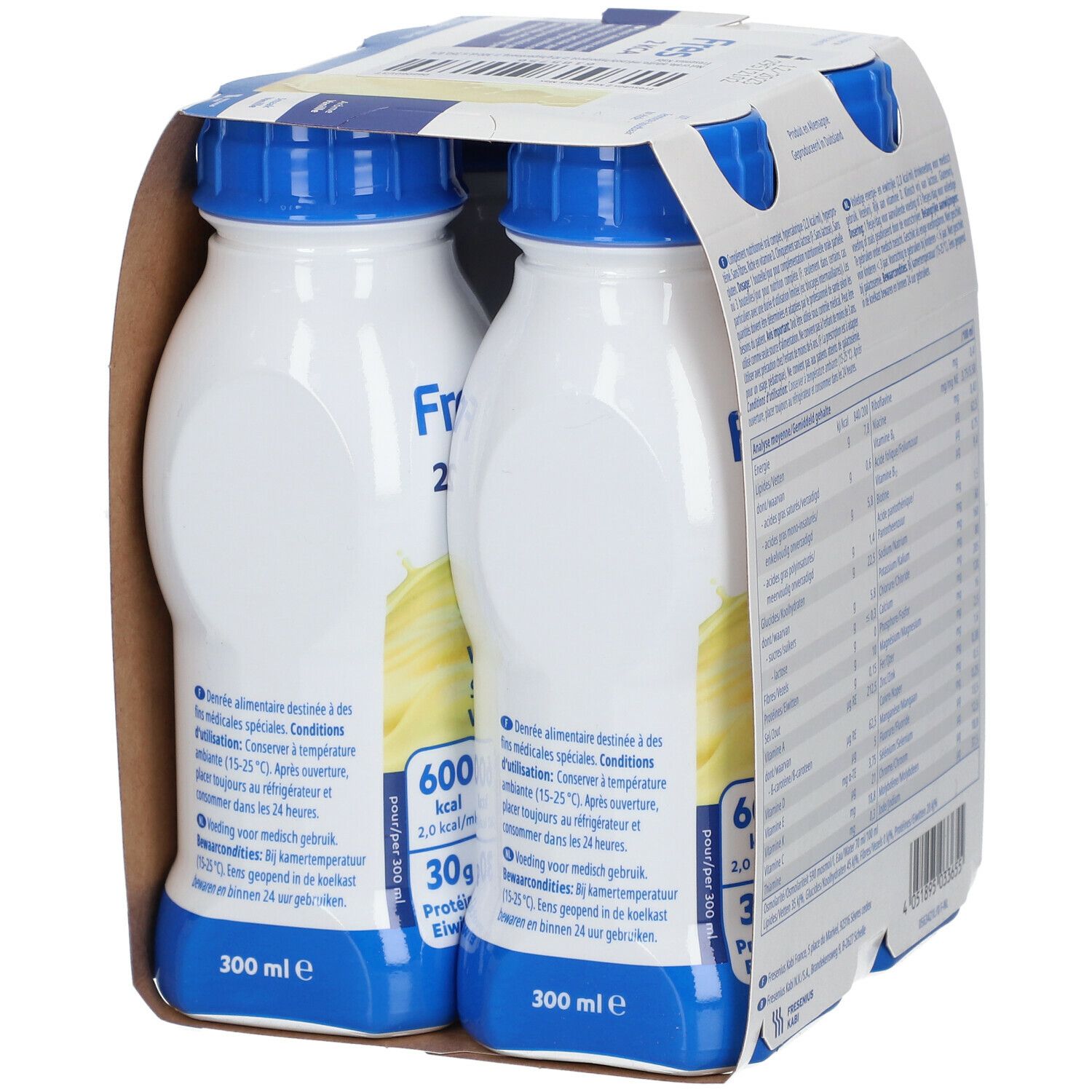 Emballage de quatre bouteilles Fresubin 2 Kcal Max Vanille. Inscriptions : 600 kcal, 30g de protéines. Bouteilles avec bouchons bleus. 300 ml par bouteille.