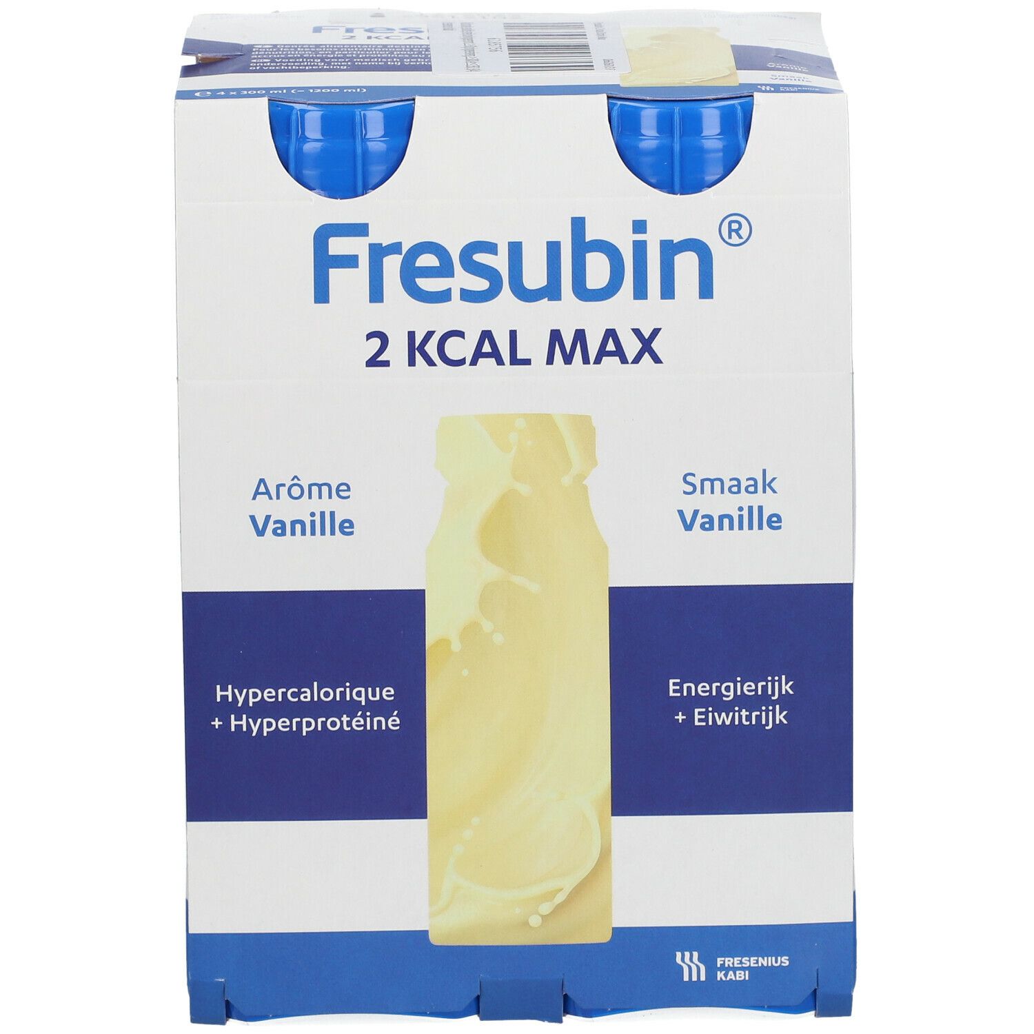 Emballage individuel Fresubin 2 Kcal Max Vanille. Inscriptions : Arôme Vanille, Hypercalorique + Hyperprotéiné, Smaak Vanille, Energierijk + Eiwitrijk. Bouchon bleu.