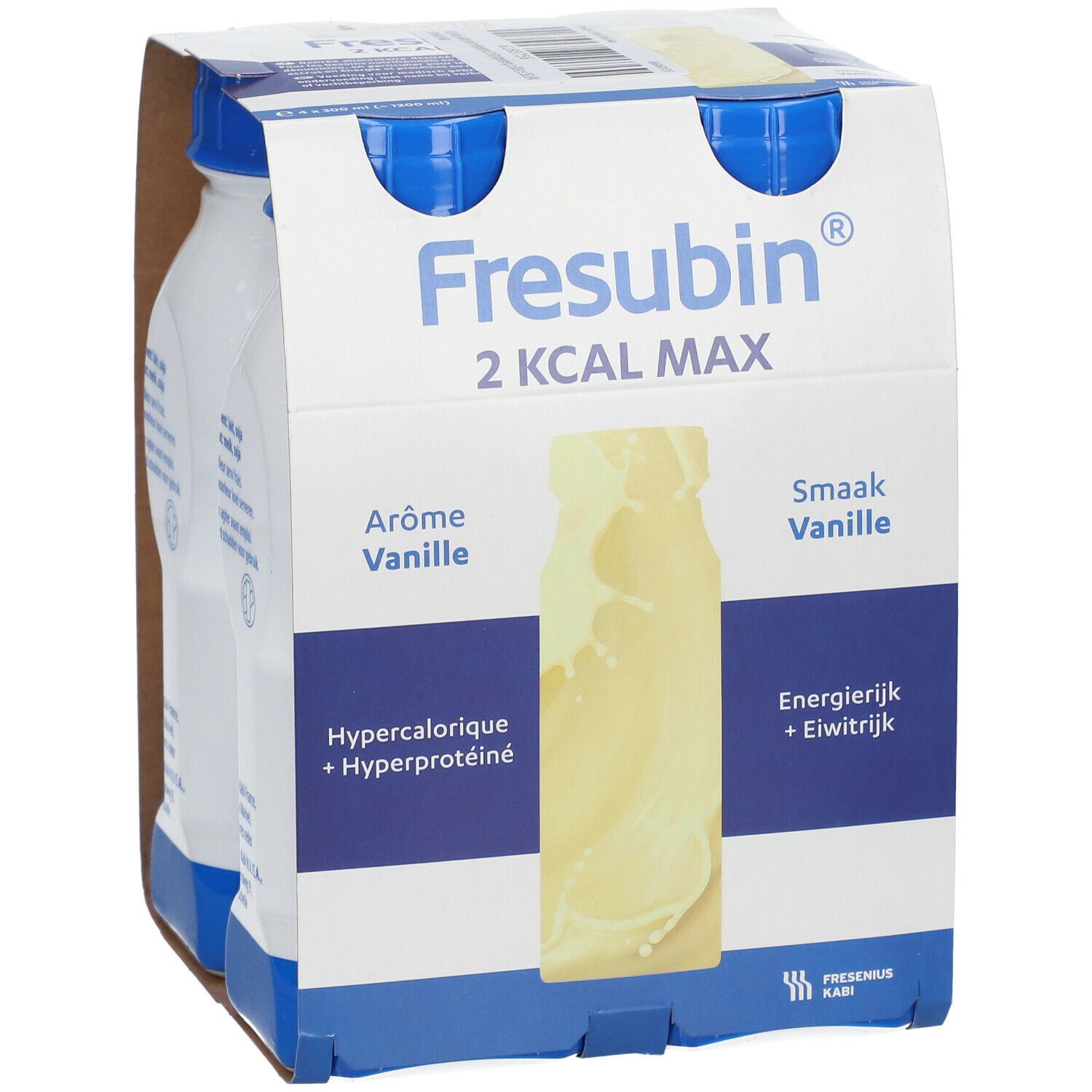 Emballage de quatre bouteilles Fresubin 2 Kcal Max Vanille. Inscriptions : Arôme Vanille, Hypercalorique + Hyperprotéiné, Smaak Vanille, Energierijk + Eiwitrijk. Bouchons bleus.